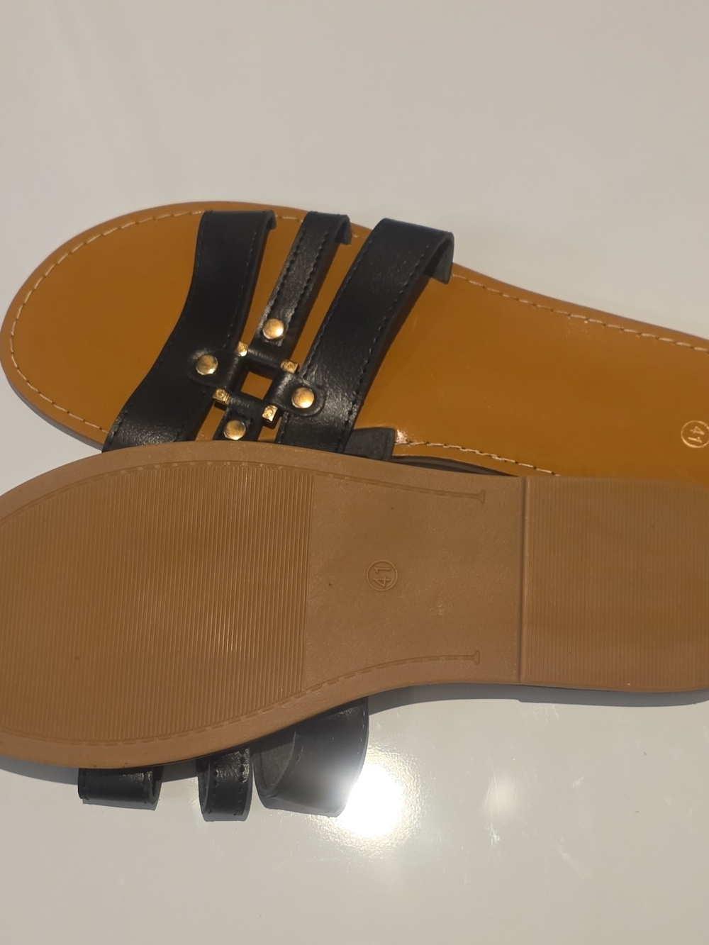 Women's Black Leather Slide Sandals with Gold Stud Detail